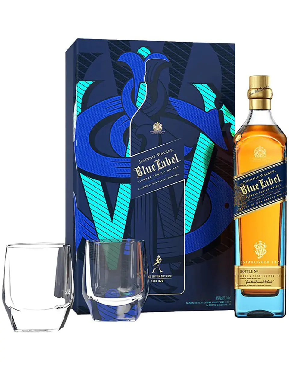 Johnnie Walker Blue Scotch Gift Set With Two Crystal Glasses